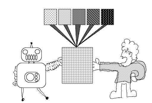 Five rectangles with different patterns have rays pointing to a bigger rectangle that is being held by a robot on the left, and a happy person on the right